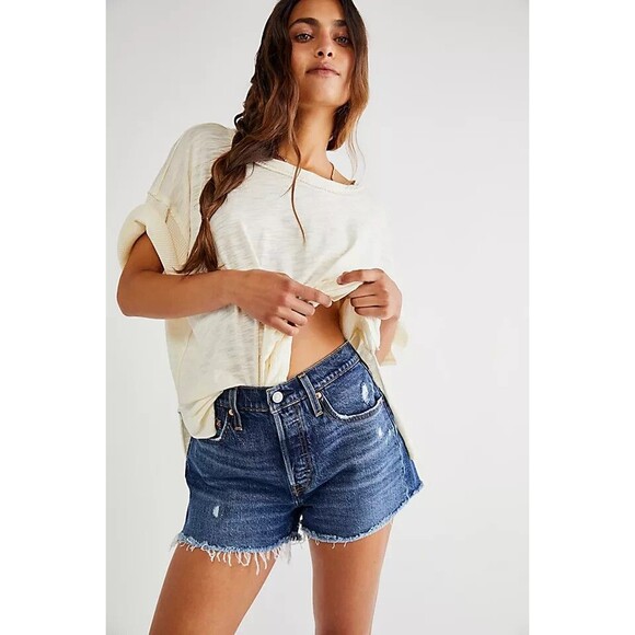 Levis Womens 501 Denim Cutoff Shorts High Rise Button Fly Blue Jean Distressed - Picture 1 of 16